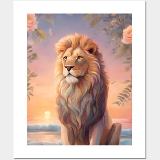 Floral Lion With Beach Sunset Pastel Posters and Art